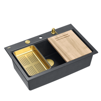 Zlewozmywak granitowy MARC 110 WORKSTATION – jednokomorowy, wpuszczany, black diamond/elementy złote + AKCESORIA, Quadron