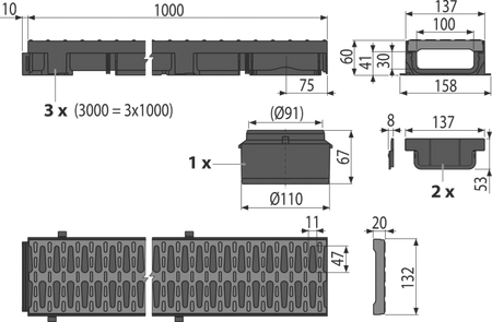 Garażowy set 3 m (2× zaślepka, 1× gniazdo DN110)