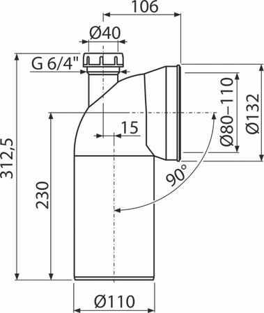 Przyłącze do stojącej miski WC, kolano 90° z przyłączem DN 40, DN 110, długość 230 mm, PP, białe