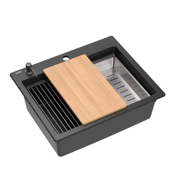 Zlewozmywak granitowy KURT 110 WORKSTATION – jednokomorowy, wpuszczany, pure carbon/elementy czarne + AKCESORIA, Quadron
