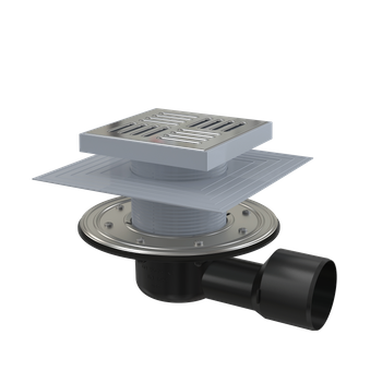 Kratka ściekowa 150×150/50/75 mm odpływ boczny, kratka nierdzewna, kołnierz nierdzewny, dwa poziomy izolacji, syfon mokro-suchy