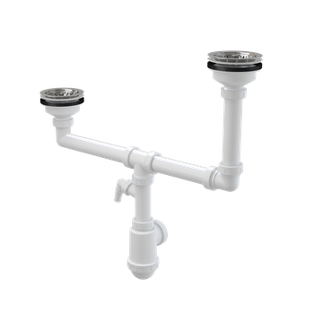 Syfon zlewu dwukomorowego dwupoziomowego z przyłączem, sitka nierdzewne DN115