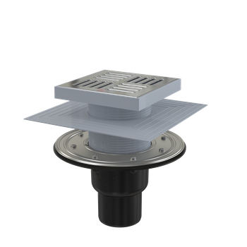 Kratka ściekowa 150×150/50/75 mm odpływ pionowy, kratka nierdzewna, kołnierz nierdzewny, dwa poziomy izolacji, syfon mokro-suchy