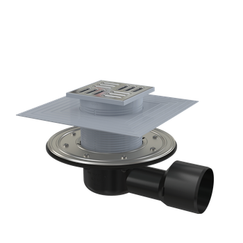 Kratka ściekowa 105×105/50/75 mm odpływ boczny, kratka nierdzewna, kołnierz nierdzewny, dwa poziomy izolacji, syfon mokro-suchy