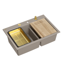 Zlewozmywak granitowy MARC 120 WORKSTATION – dwukomorowy, wpuszczany, soft taupe/elementy złote + AKCESORIA, Quadron