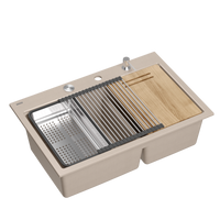Zlewozmywak granitowy MARC 120 WORKSTATION – dwukomorowy, wpuszczany, pearl beige/elementy stalowe + AKCESORIA, Quadron