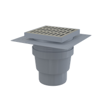 Kratka ściekowa 150×150/110 mm odpływ pionowy, kratka nierdzewna, dwa poziomy izolacji, syfon mokry
